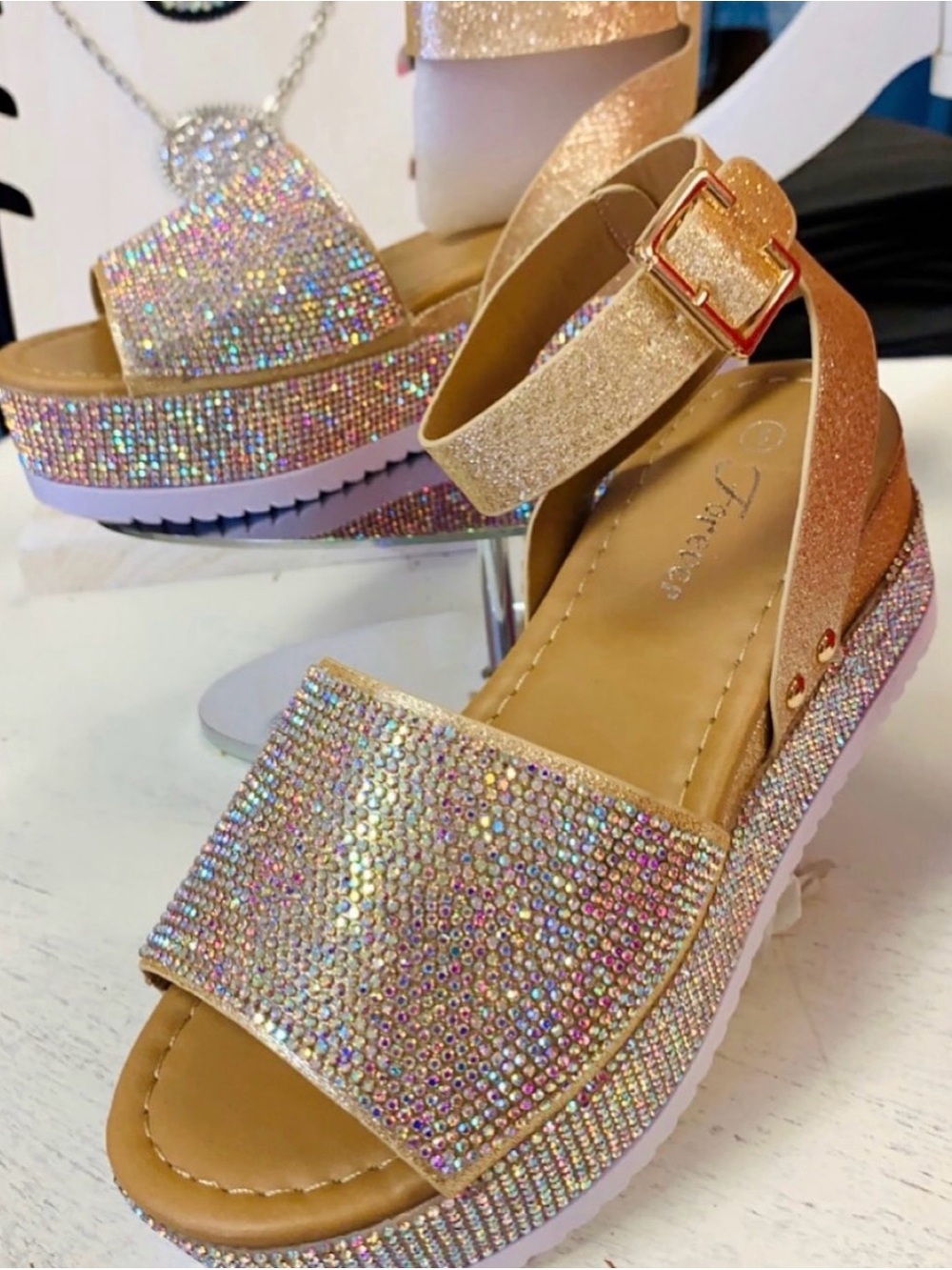 Forever Champagne Gold  Platform Sandals with Sparkling Iridescent Rhinestones